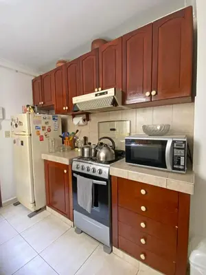a kitchen with a stove and a refrigerator at Cómodo, céntrico, cerca a Parque Media Luna in Lima