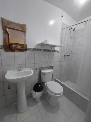 a bathroom with a toilet and a sink and a shower at R. A. C. S. in Paracas