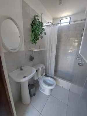 a bathroom with a toilet and a sink and a mirror at R. A. C. S. in Paracas