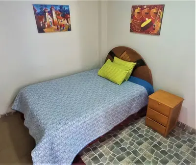 a bedroom with a bed with a green pillow on it at Carlos Guest House 2 Cusco in Cusco