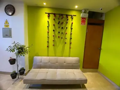 a room with a couch in front of a green wall at BROTHERs HOUSE II in Cusco