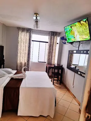 a bedroom with a bed and a flat screen tv at LAS ARTES INN in Lima