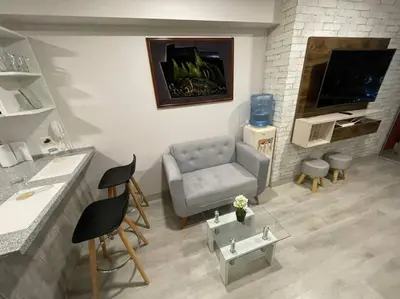 a living room with a couch and a tv at Beautiful loft at heart of Lima in Lima