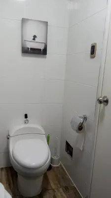 a bathroom with a toilet with a picture on the wall at A beautiful place in the heart of Miraflores in Lima