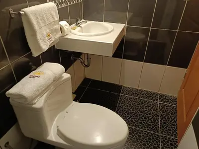 a bathroom with a white toilet and a sink at PAKARINA HOTEL in Machu Picchu
