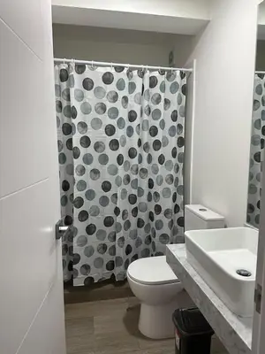 a bathroom with a toilet and a shower curtain at SWEET HOME MIRAFLORES in Lima