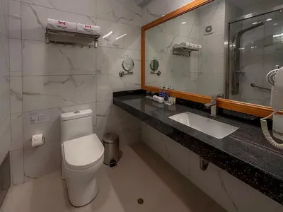 a bathroom with a toilet and a sink and a mirror at MIRAFLORES CITY HOTEL in Lima