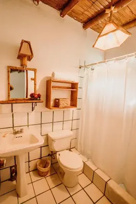 a bathroom with a toilet and a sink and a shower at Hotel Fundo El Arrabal in Ica