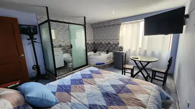 a bedroom with a large bed and a bathroom at TRANSFER VIP HOSTEL in Lima