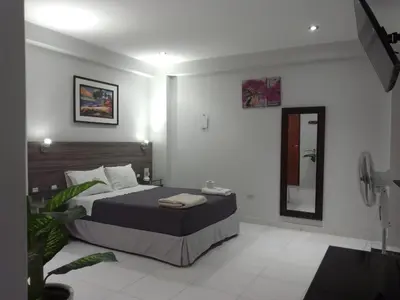 a bedroom with a large bed and a mirror at Millennium Hotel Corporative in San Vicente de Cañete