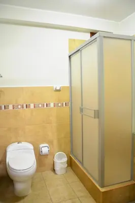 a bathroom with a toilet and a glass shower stall at Hotel Sol del Sur in Nazca