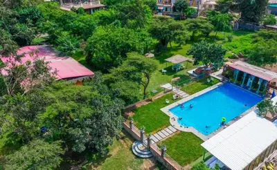 an overhead view of a swimming pool in a yard at Hacienda Santa María de Cieneguilla in Cieneguilla