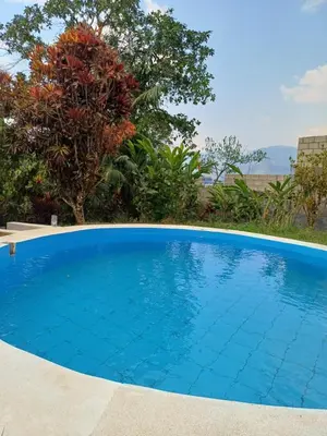 a large blue swimming pool with a tree in the background at El Cacaotal Finca Faura #5 3H in San Ramón