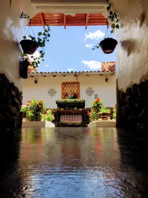 a view of a patio with a pool of water at Kori Gems Inn in Cusco