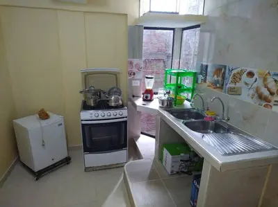 a small kitchen with a stove and a sink at Mi hermosa Casita con baño y cocina privados in Lima