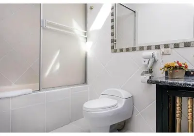 a white bathroom with a toilet and a shower at Inkarri Regocijo Plaza in Cusco