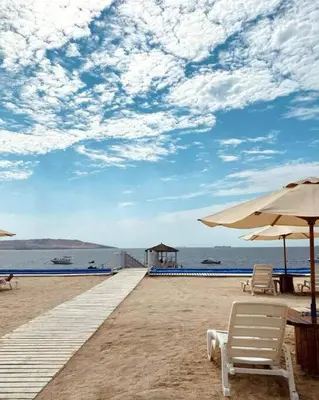 a beach with chairs and umbrellas on the beach at Condominio Nautico Paracas in Pisco