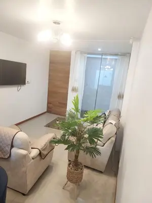 a living room with two couches and a plant at Departamento familiar en Huacachina in Ica