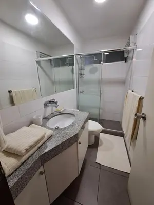 a bathroom with a sink and a shower and a toilet at Apartamento Temporal en Miraflores in Lima