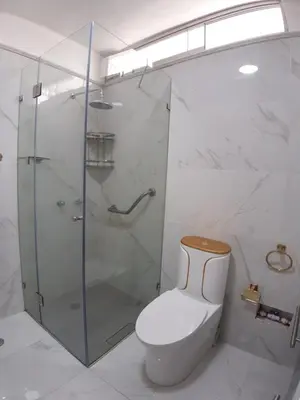 a bathroom with a toilet and a glass shower at APARTAMENTO LINDO - A 2 Cuadras de la Plaza de Armas y del Palacio de Gobierno in Lima