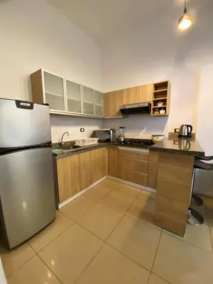 a kitchen with wooden cabinets and a stainless steel refrigerator at Lince Apartments in Lima