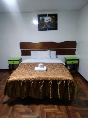 a bedroom with a bed with two green end tables at Sierra Verde - Muy Céntrico Hs in Huancayo
