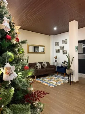 a christmas tree in a living room with a couch at Casa Tiyay Cusco in Cusco