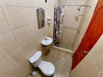 a bathroom with a toilet and a shower at El Boulevard de Huacachina in Ica
