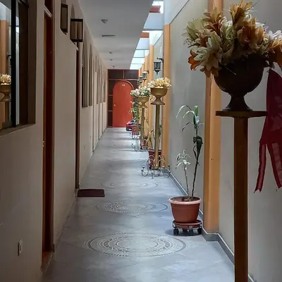 an empty hallway with flowers and plants in a building at Hostal Luren in Nazca