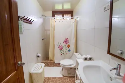 a bathroom with a sink and a toilet and a shower at Carolina Egg Gasthaus in Oxapampa