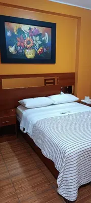 a bedroom with a bed with a painting on the wall at Hotel Allison in Huacho