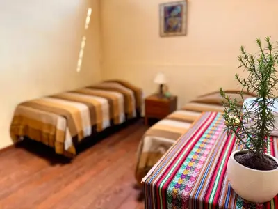 a bedroom with two beds and a potted plant on a table at La Casa de Isidora in Pan de Azúcar