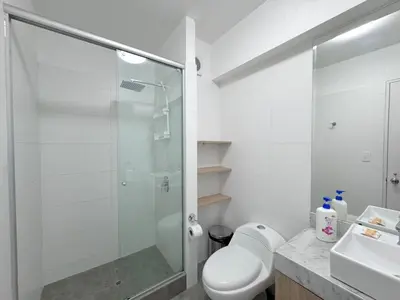 a bathroom with a shower and a toilet and a sink at Peruvian Apartments Barranco 1609 in Lima