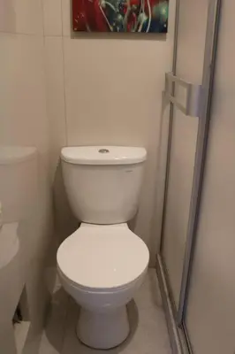 a bathroom with a white toilet and a shower at El colibrí de San Blas in Cusco