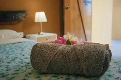 a pillow with a flower in it sitting on a bed at Serenity Lodge in Ica