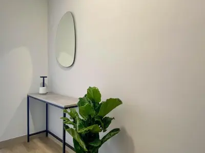a mirror on a wall next to a table with a plant at Pod by Wynwood House in Lima