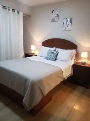 a bedroom with a large bed with two tables and two lamps at Central, petfriendly family apartment in Lima