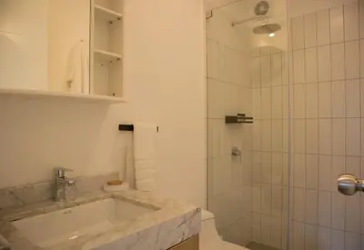 a bathroom with a shower and a sink and a toilet at Gray by Wynwood House in Lima