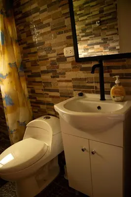 a bathroom with a white toilet and a sink at La casa de Anni - Departamento 1 in Oxapampa