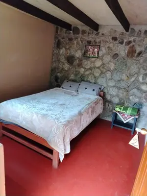 a bed in a room with a stone wall at HOSTEL SAMANA WASI CHAULLAY in Cusco