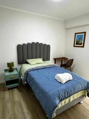 a bedroom with a large bed with a blue comforter at Cozy Apartment in Barranco! in Lima