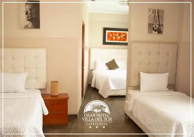 a bedroom with two beds and a mirror at GRAN HOTEL VILLA DEL SUR in San Vicente de Cañete