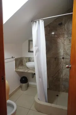 a bathroom with a shower with a toilet and a sink at La Fogata del Sur in Fundo Copacabana