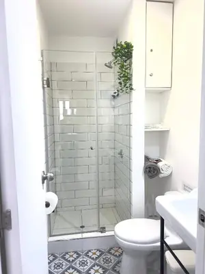 a bathroom with a shower and a toilet at Friendly Apartment Tamayo in Lima