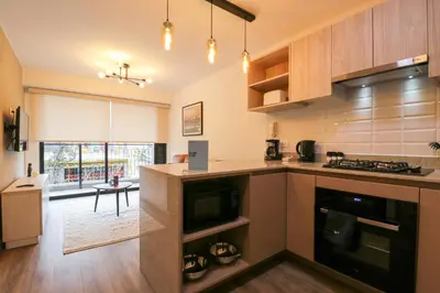 a kitchen with a stove and a counter top at Los Pinos by Wynwood House in Lima