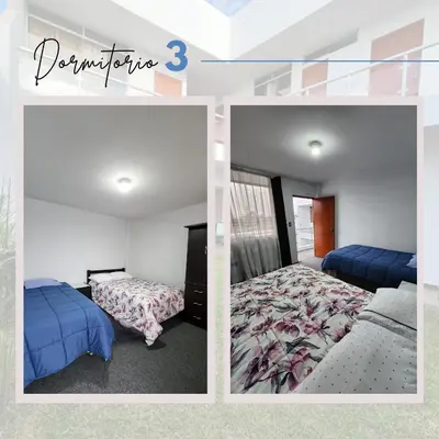two pictures of a bedroom with two beds at Casa de Campo El Huerto in Lima