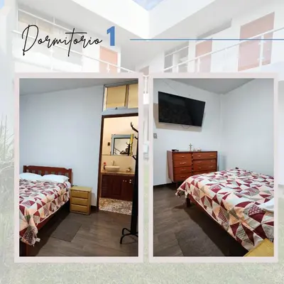 two pictures of a bedroom with two beds and a mirror at Casa de Campo El Huerto in Lima
