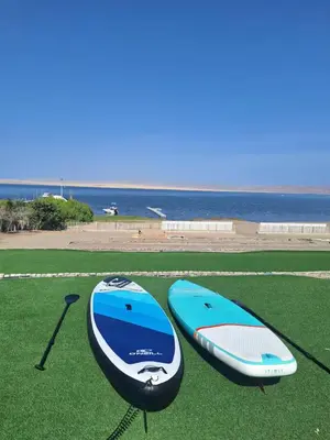 two surfboards sitting on the grass near the ocean at Relájate en piscina-spa, terraza BBQ y AC Paracas in Paracas