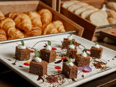 a plate of brownies and pastries on a table with bread at Novotel Cusco in Cusco