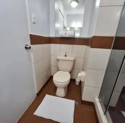 a small bathroom with a toilet and a mirror at Modern 1-Bedroom Apartment with WiFi in Miraflores in Lima